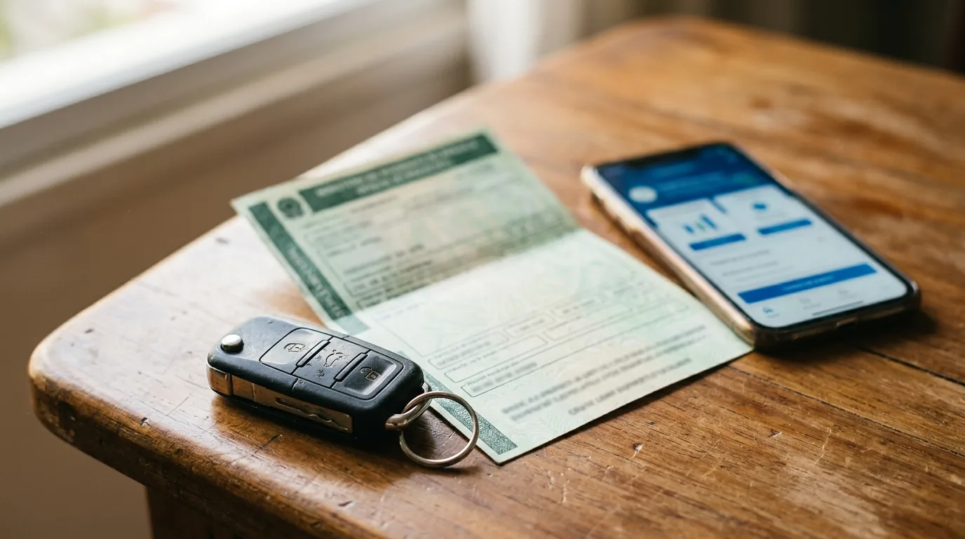 Documento do veículo e chave do carro sobre a mesa ao lado de um celular com a consulta de débitos aberta