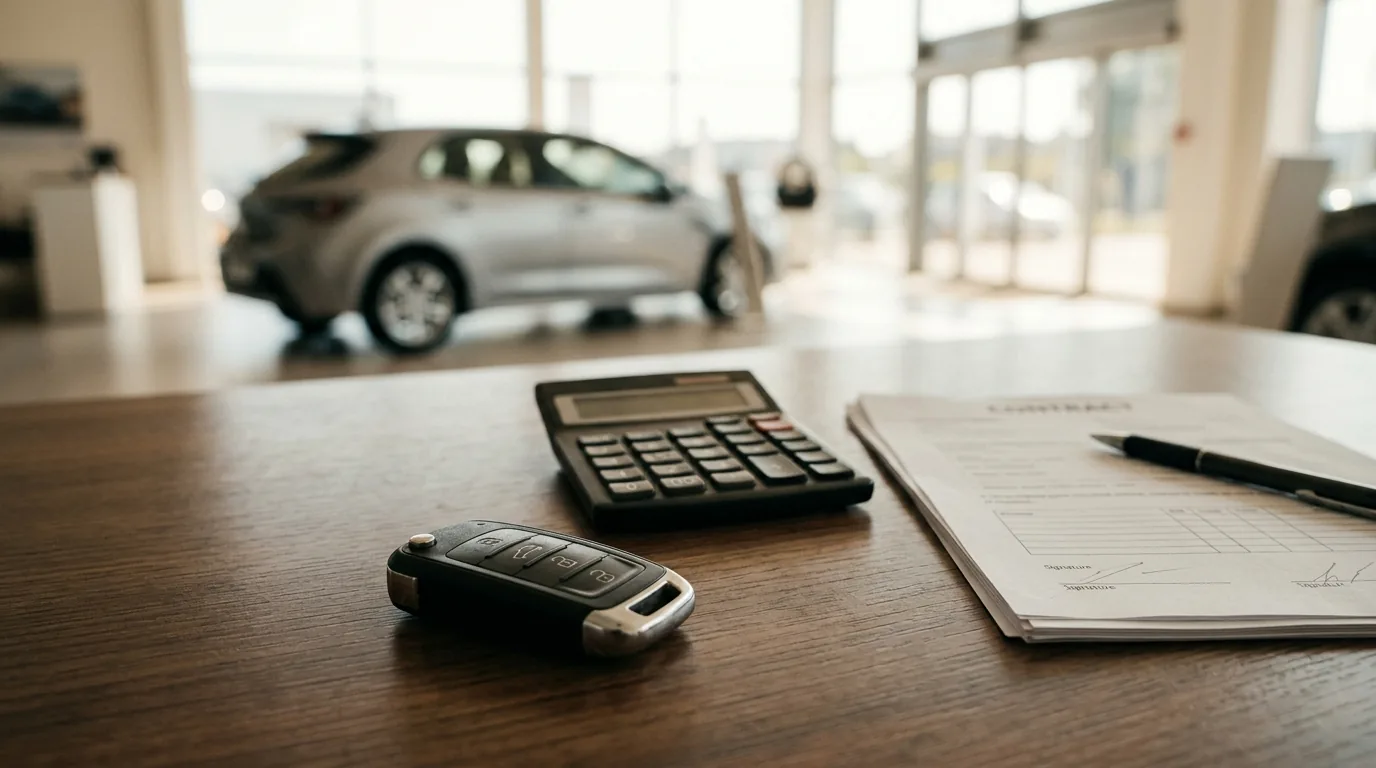 Chave de carro, calculadora e contrato de financiamento sobre a mesa de uma concessionária